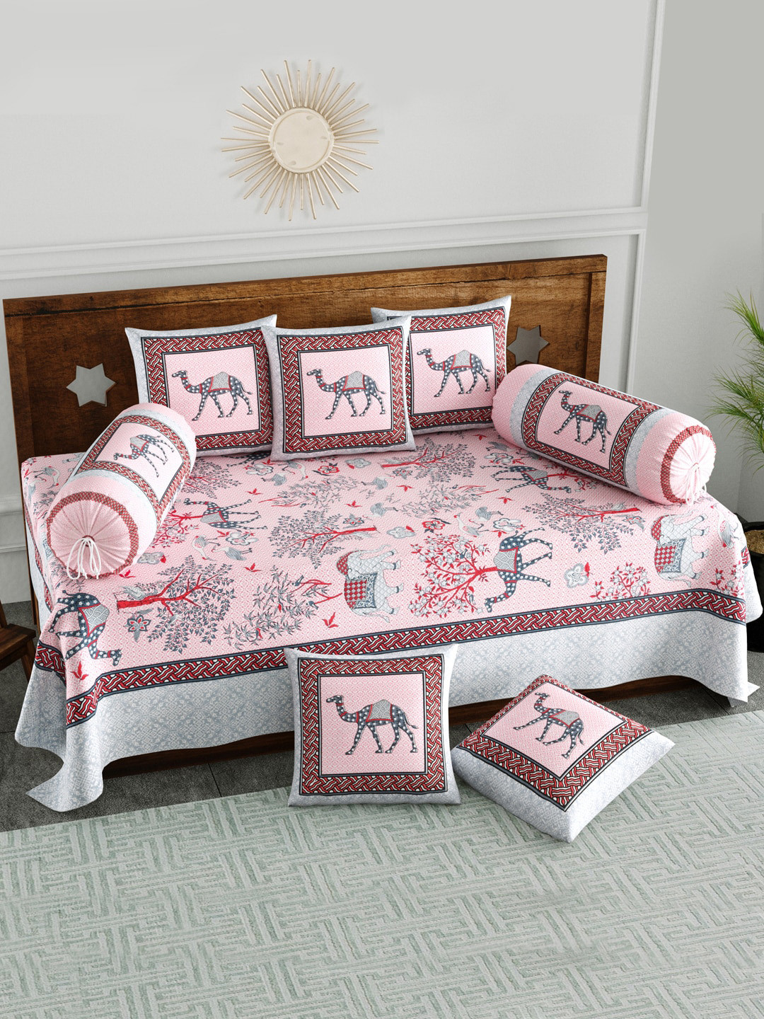 BLOCKS OF INDIA Set Of 8 Pink Printed Cotton Single Bedsheet With Bolster & Cushion Covers