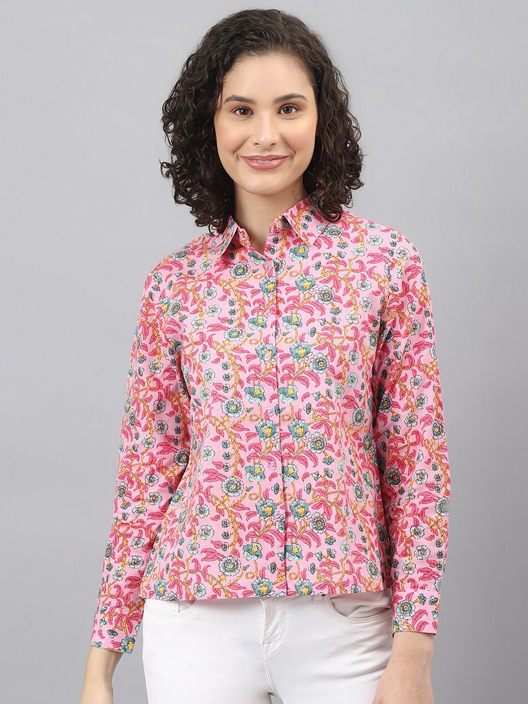 Cotton Women Pink Zigzag Slim Fit Floral Printed Casual Shirt