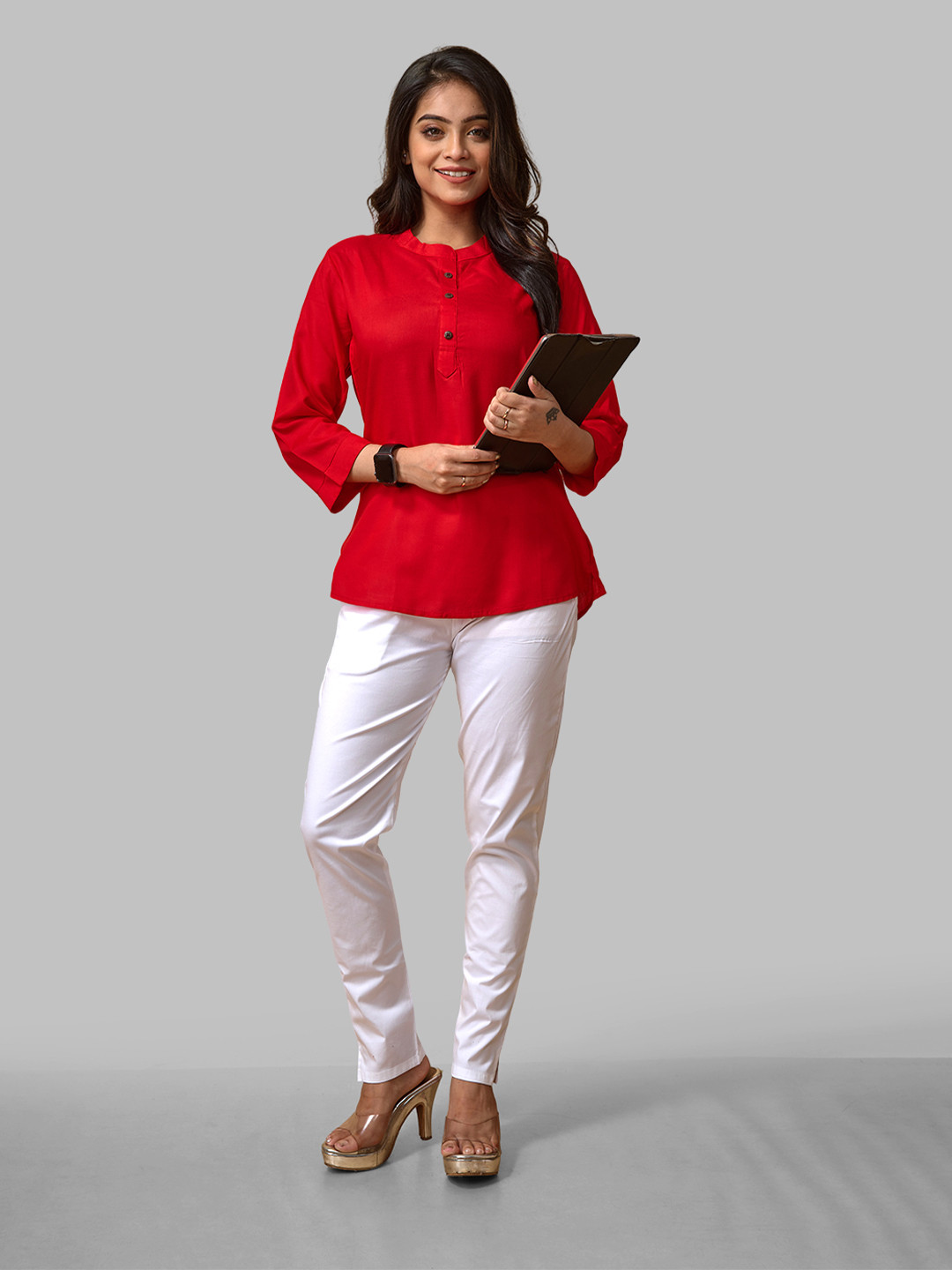 LYRA Red Mandarin Collar Three Quarter Sleeves Top