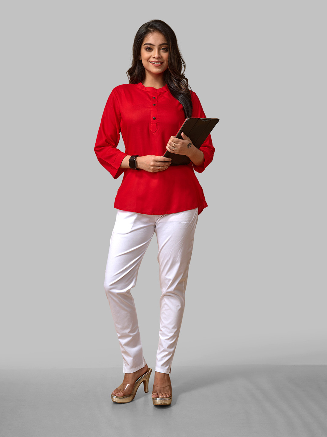 LYRA Red Mandarin Collar Top