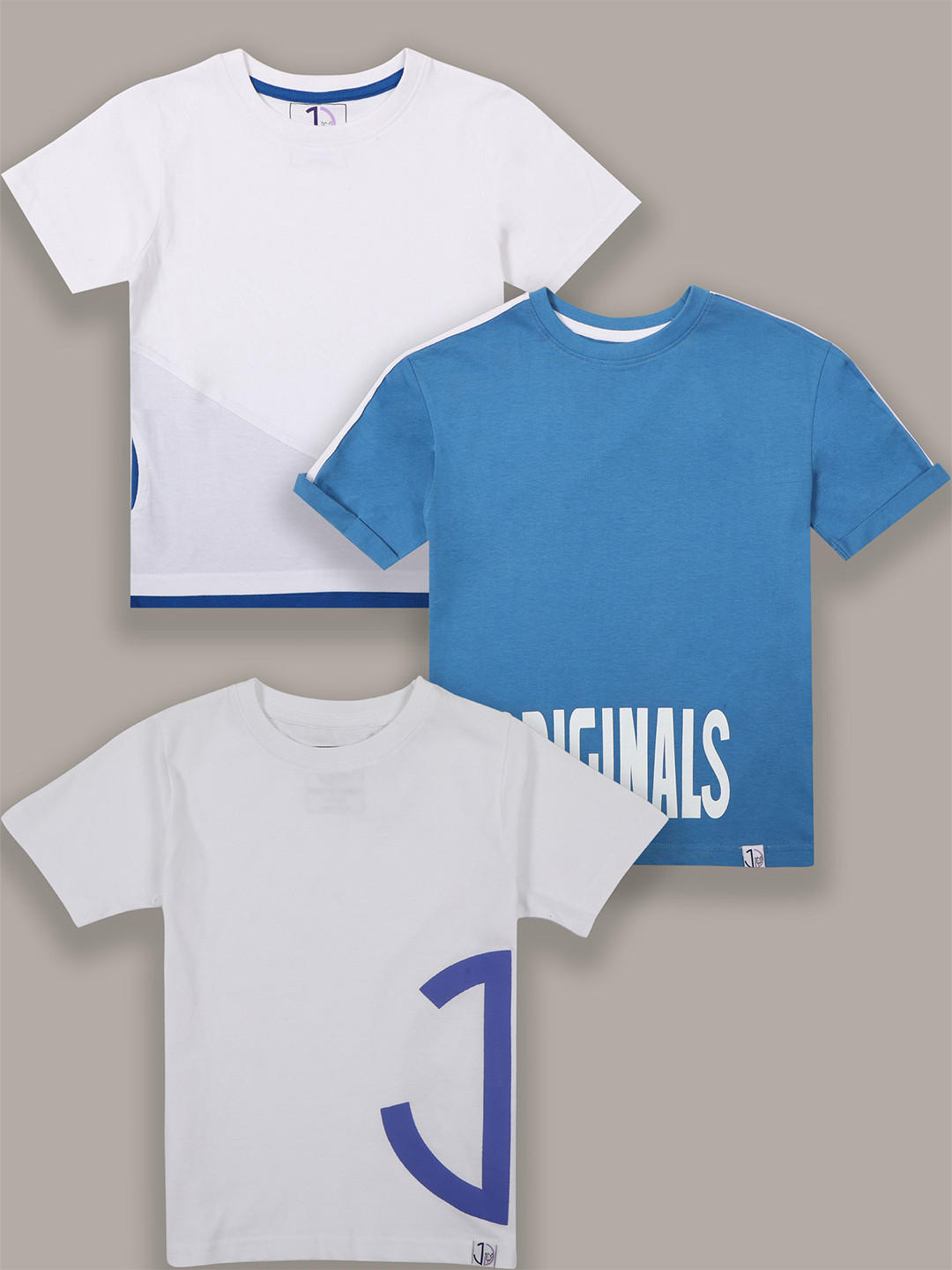 Jumping Joey Boys White & Blue Pack of 3 Pure Cotton T-shirt