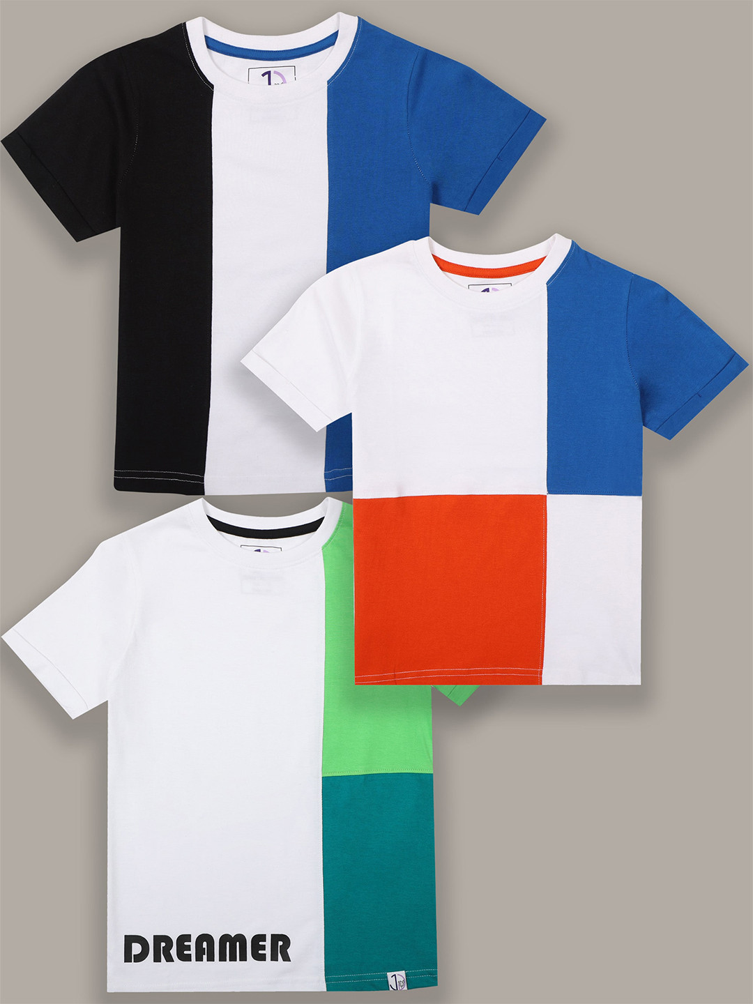 Jumping Joey Boys Black & White Pack of 3 Colourblocked Pure Cotton T-shirt