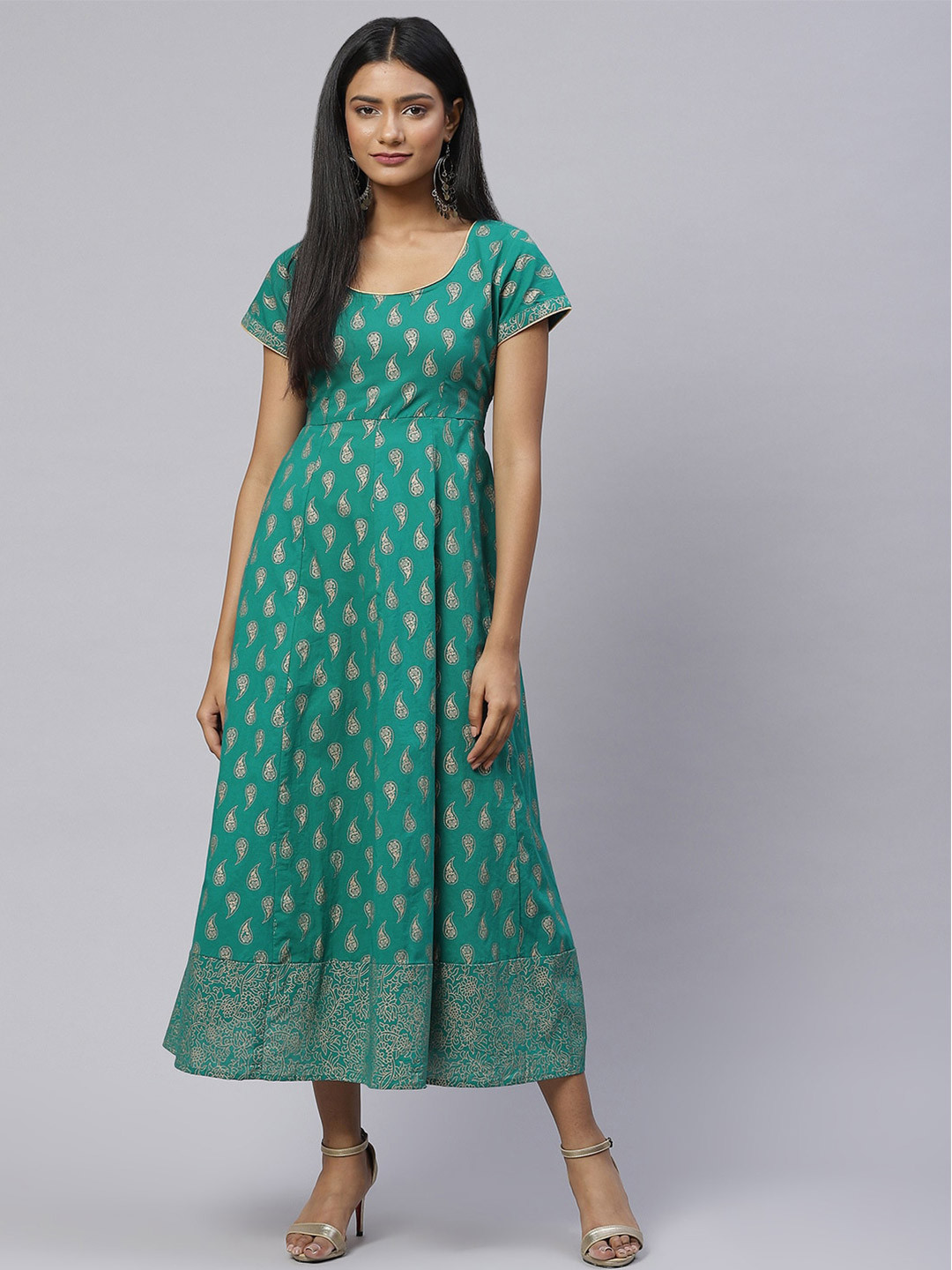 Saart Bunaai Green Ethnic Printed A-Line Cotton Dress