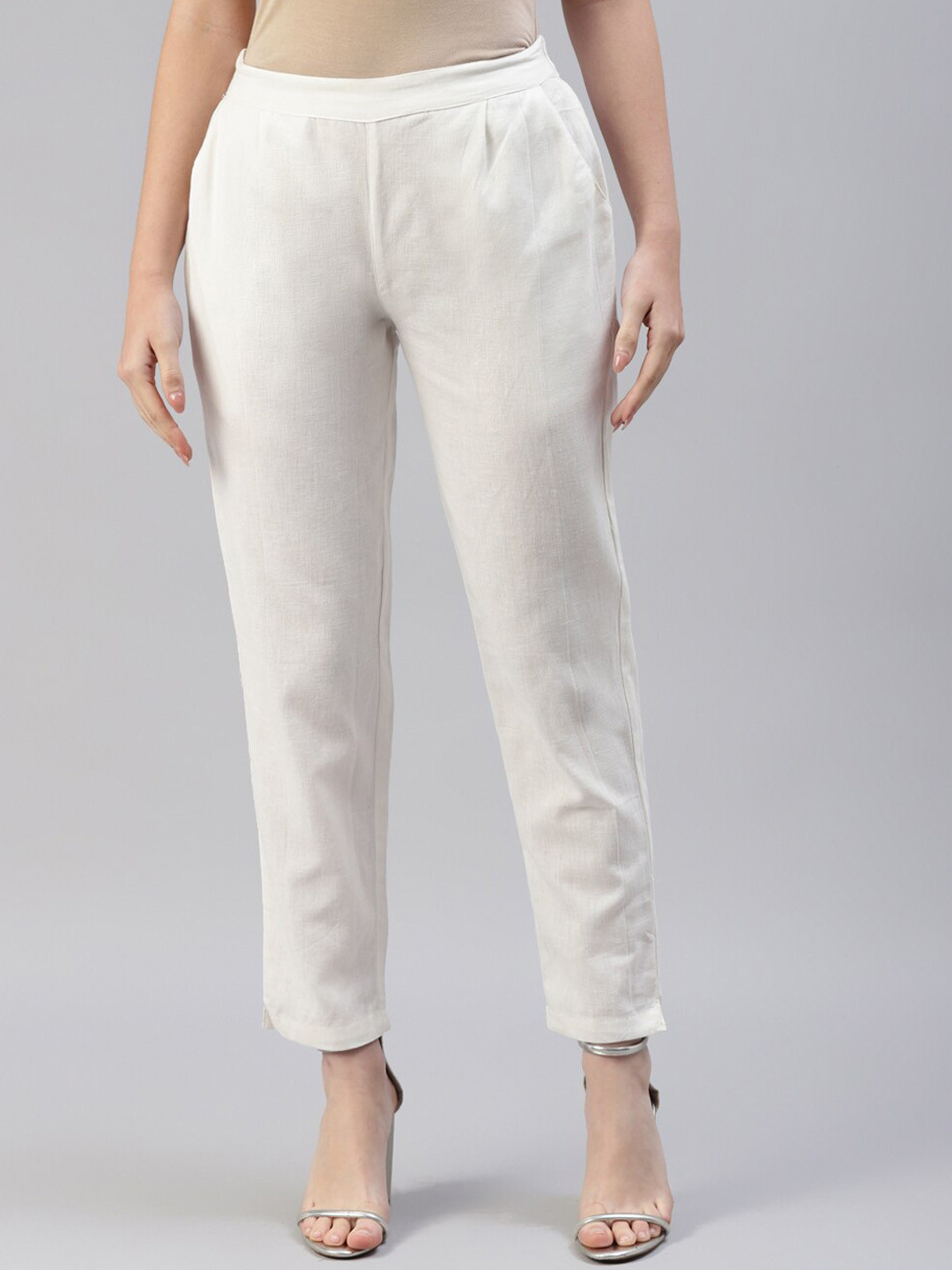 Saart Bunaai Women Off White Solid Cotton Trousers