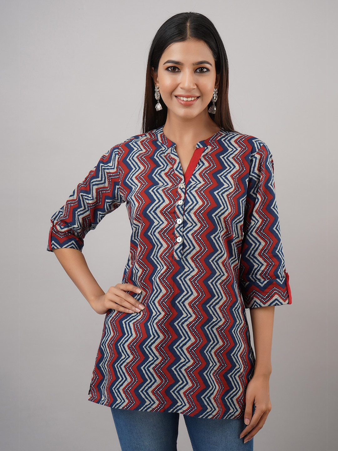 Saart Bunaai Blue & Red Mandarin Collar Printed Cotton Tunic