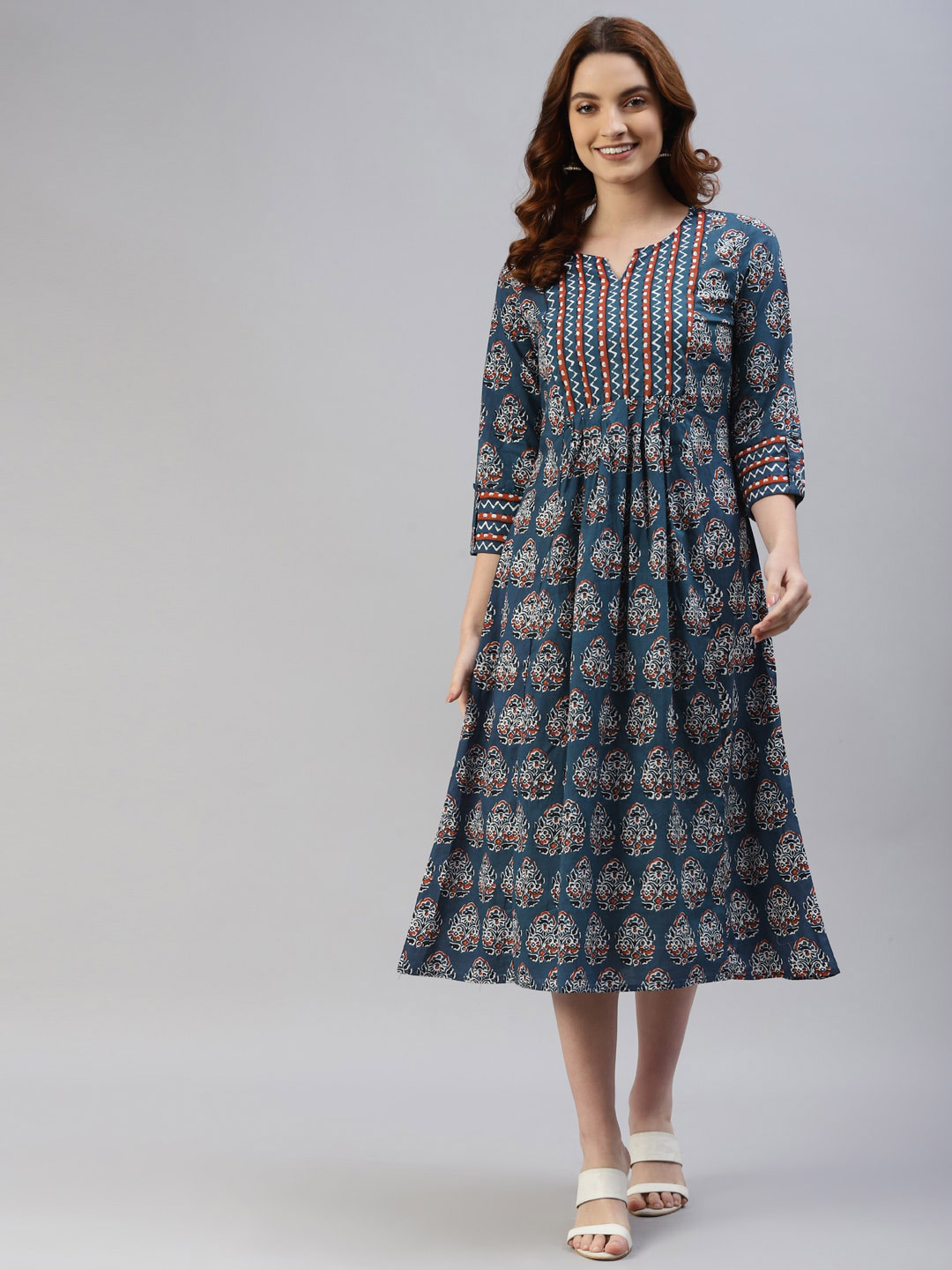Saart Bunaai Women Navy Blue & Orange Ethnic Motifs Printed Midi Cotton Dress