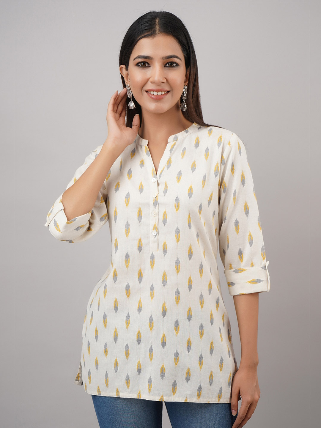 Saart Bunaai White & Grey Mandarin Collar Printed Cotton Tunic