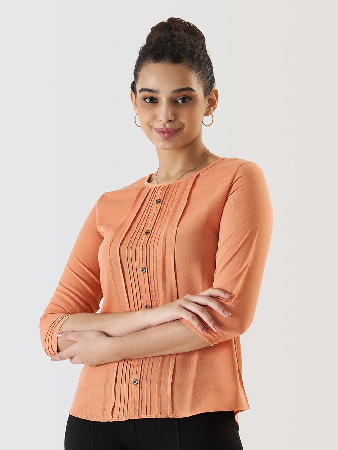 Prettify Orange Pleated Crepe Top