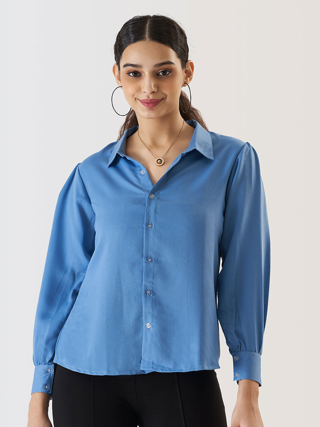 Prettify Blue Cuffed Sleeve Shirt Style Top