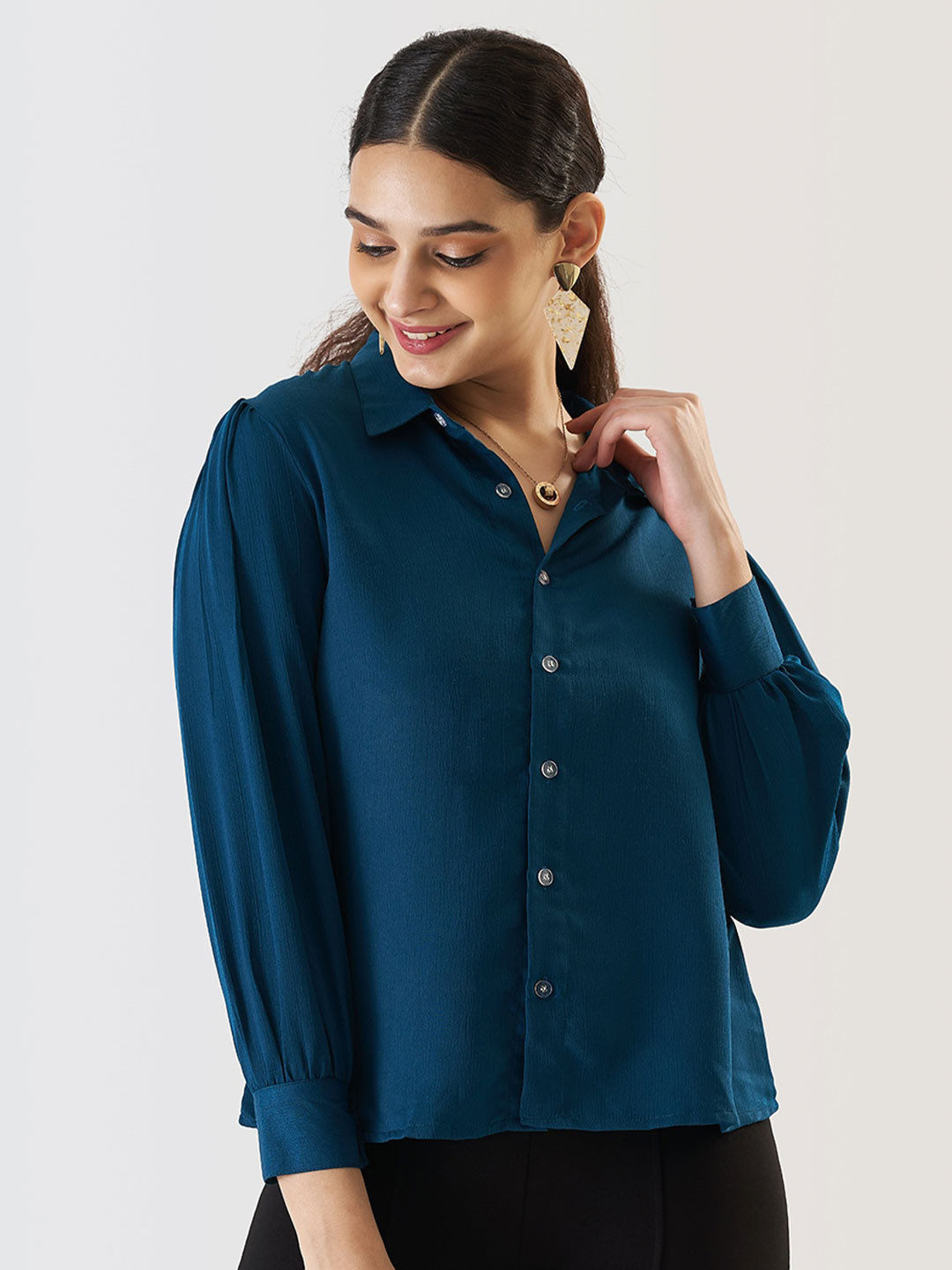 Prettify Turquoise Blue Cuffed Sleeve Shirt Style Top