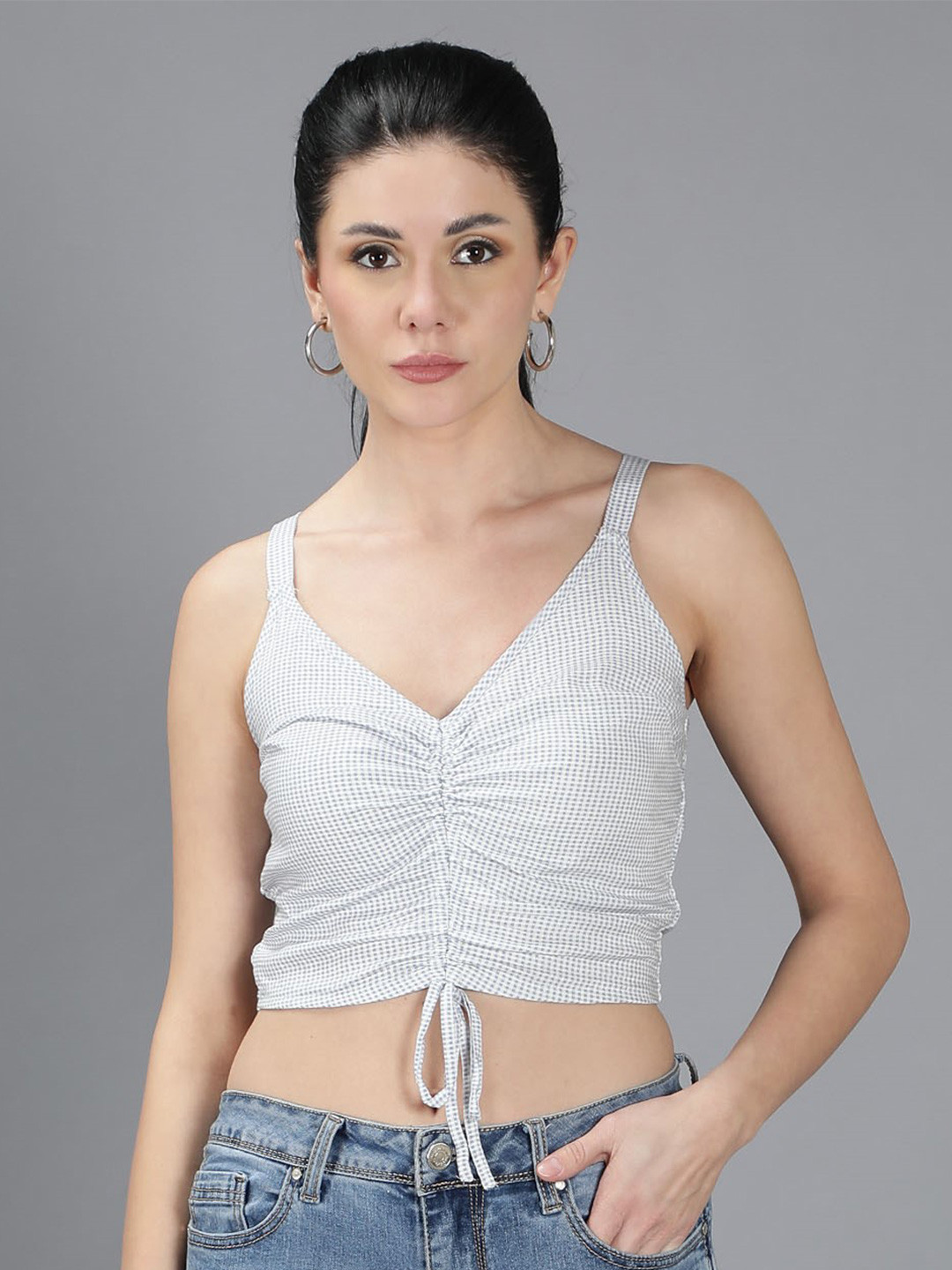NUEVOSDAMAS Smocked Gingham Smocking Checked Shoulder Straps Crop Fitted Top