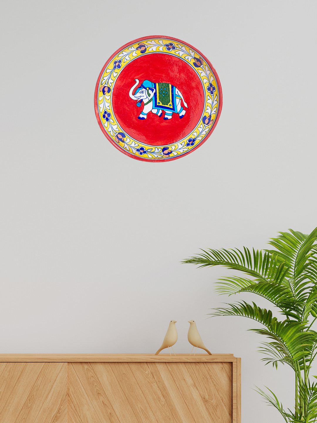 Golden Peacock Elephant Ceramic Ethnic Motifs Matte Hanging Hall Wall Plates-9.8In