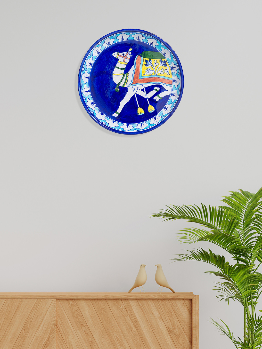 Golden Peacock Pottery Blue Camel Ceramic Ethnic Motifs Glossy Hall Wall Plates-9.8In
