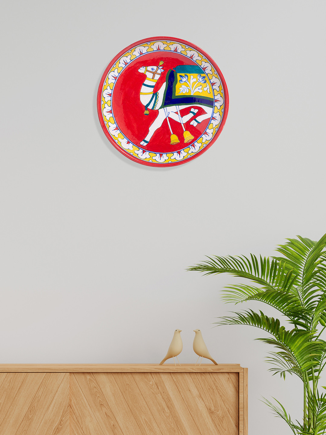 Golden Peacock Camel Ceramic Ethnic Motifs Glossy Hanging Hall Wall Plates-9.8In