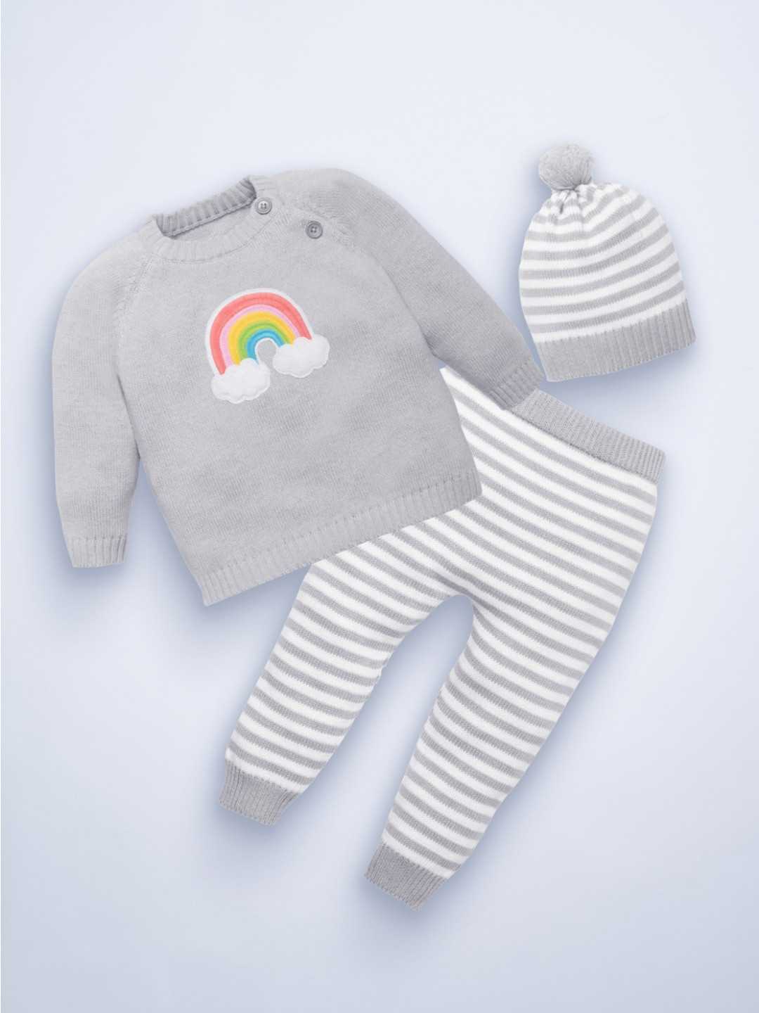 Mylo Baby Sweater & Stripe Pant Set with Cap Clothing Set