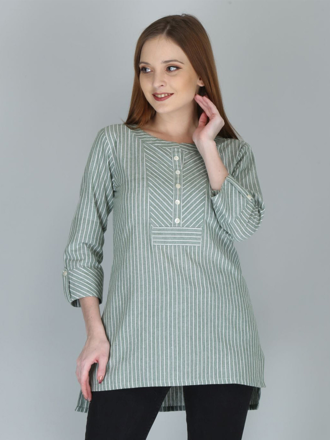 IRIDAA JAIPUR Green White Striped Cotton Linen Tunic
