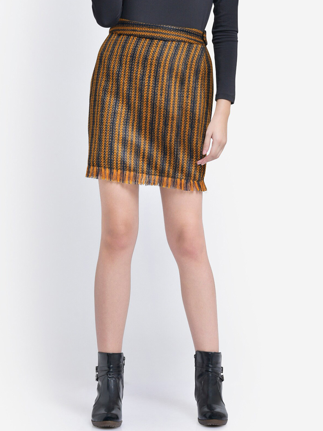 Martini Women Blue & Brown Striped Woolen Mini Skirt
