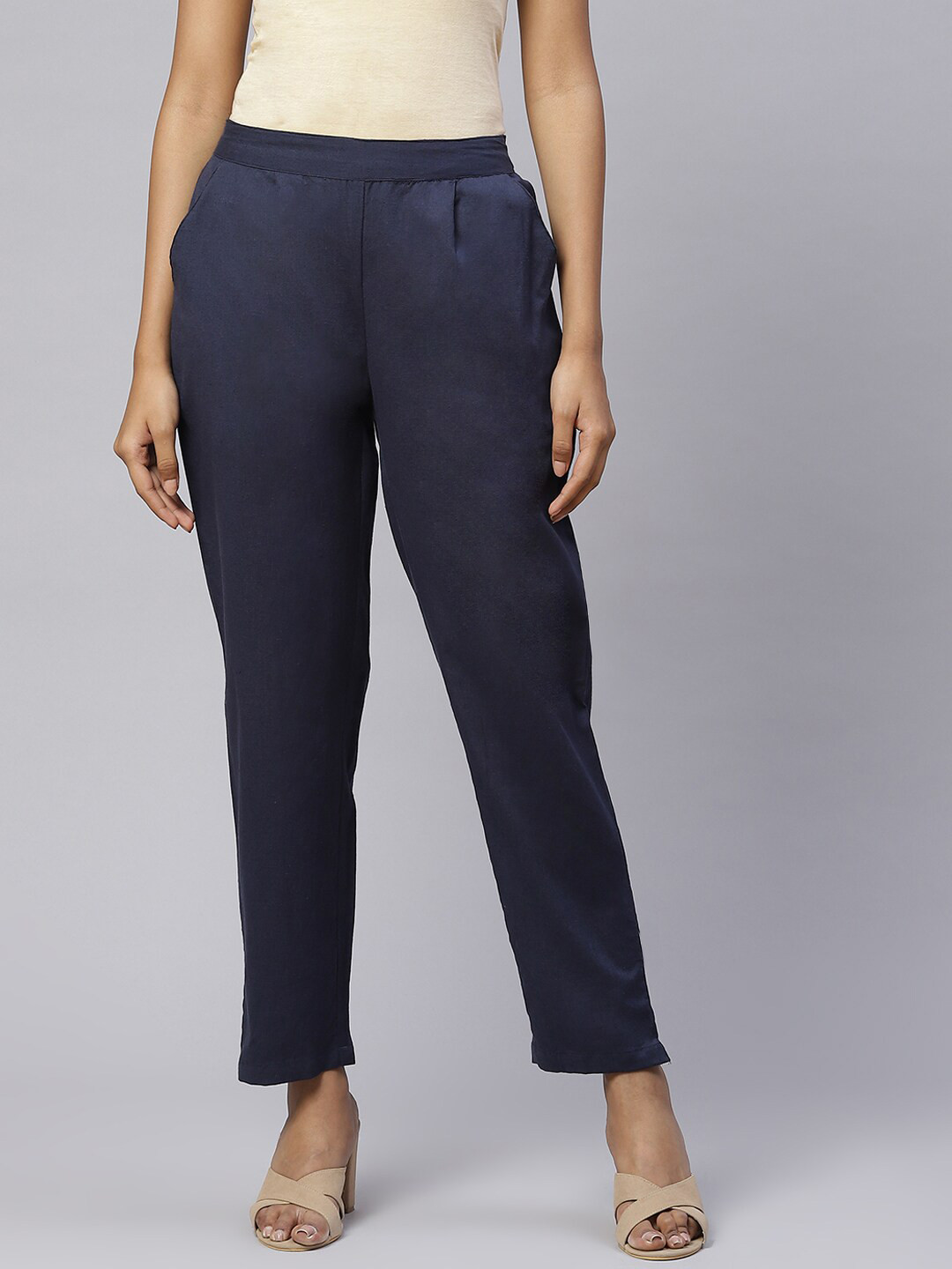 Saart Bunaai Women Navy Blue Solid Cotton Trousers