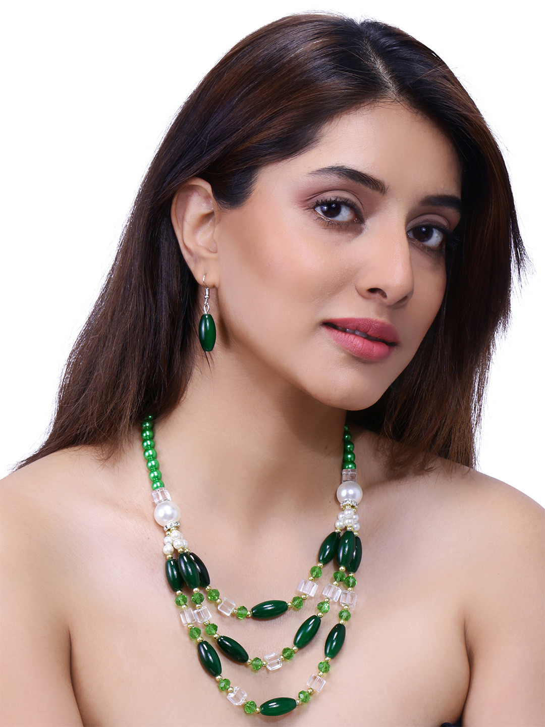 Yellow Chimes Green Stone-Beaded Jewellery Set