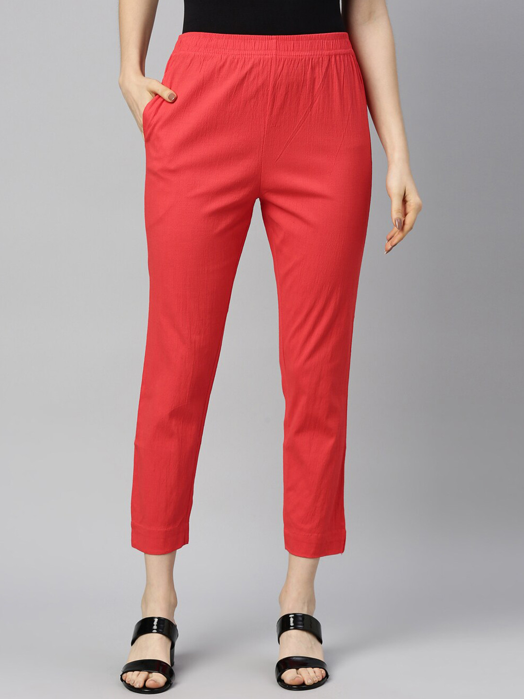 GOLDSTROMS Women Peach-Coloured Cotton Trousers