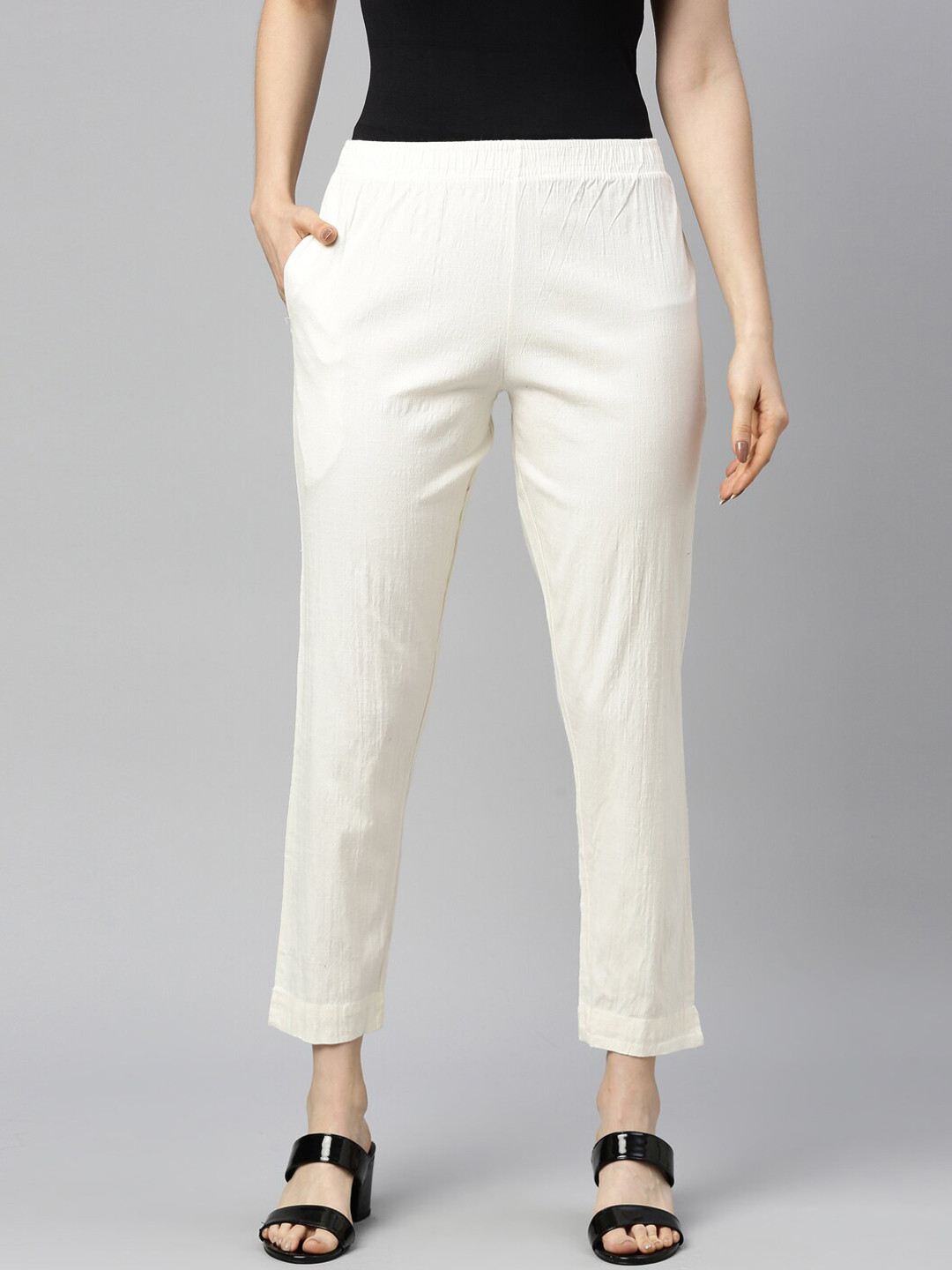GOLDSTROMS Women Off White Cotton Trousers