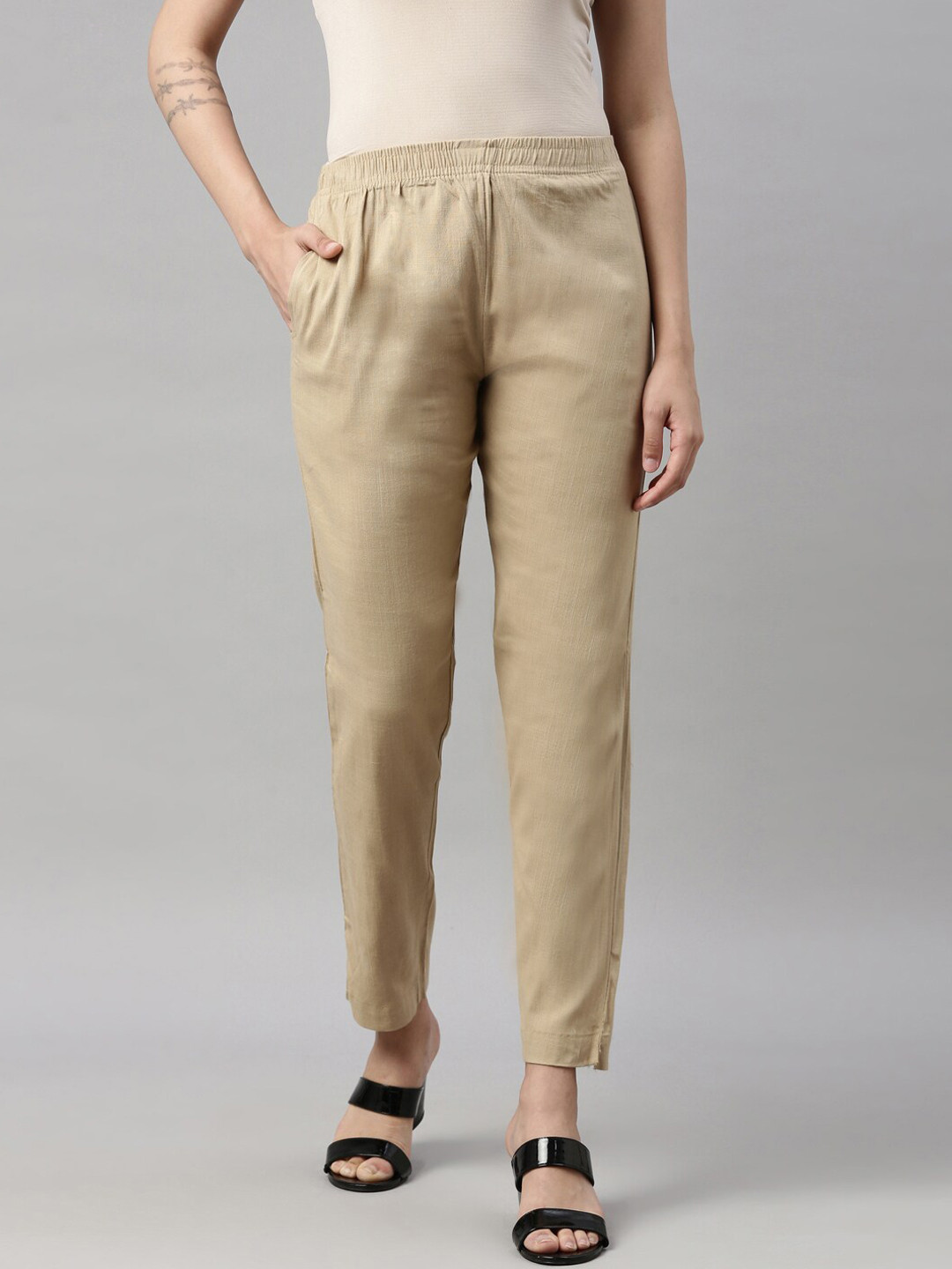 GOLDSTROMS Women Beige Cotton Trousers