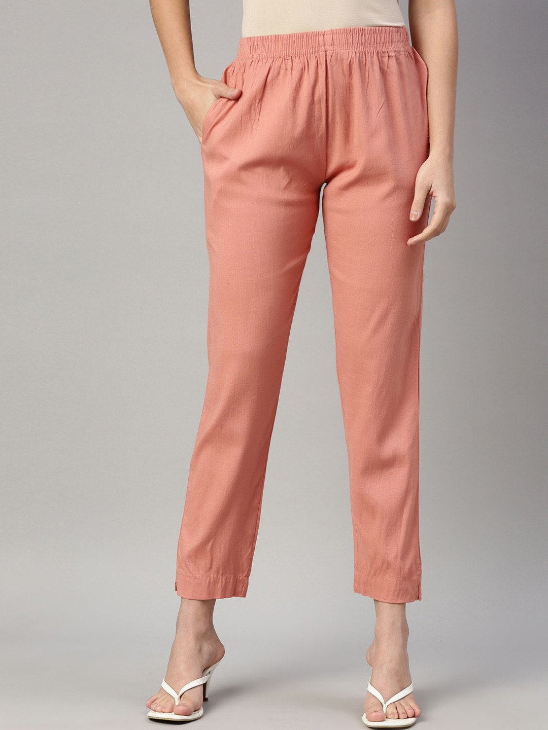 GOLDSTROMS Women Peach-Coloured Cotton Trousers