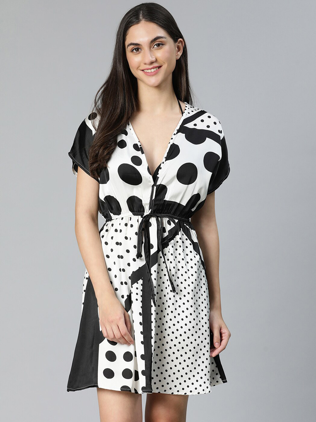 Oxolloxo Polka Dot Printed Tie-Up Dress