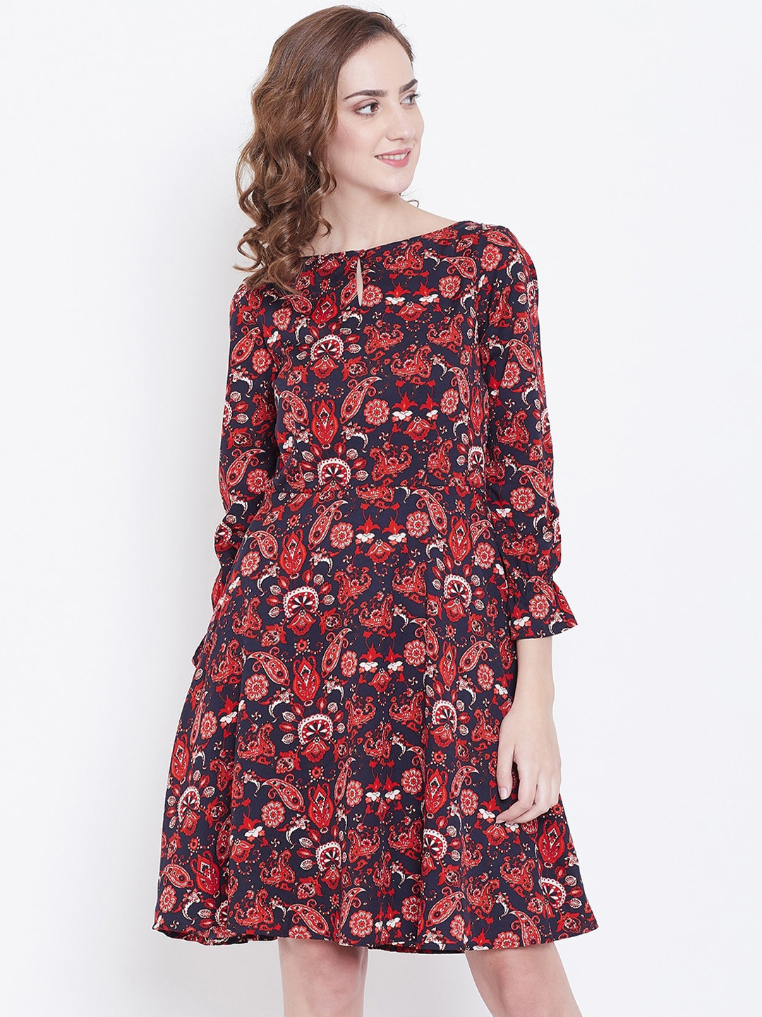 DODO & MOA Navy Blue & Red Floral A-Line Dress