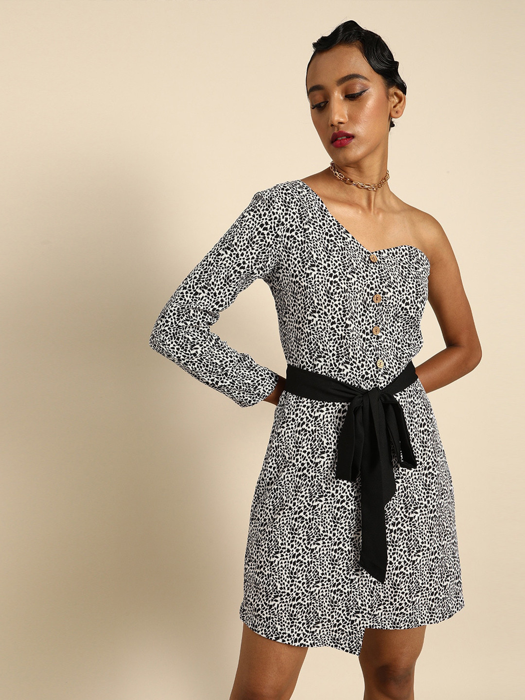 DODO & MOA Black Animal One Shoulder Bodycon Dress