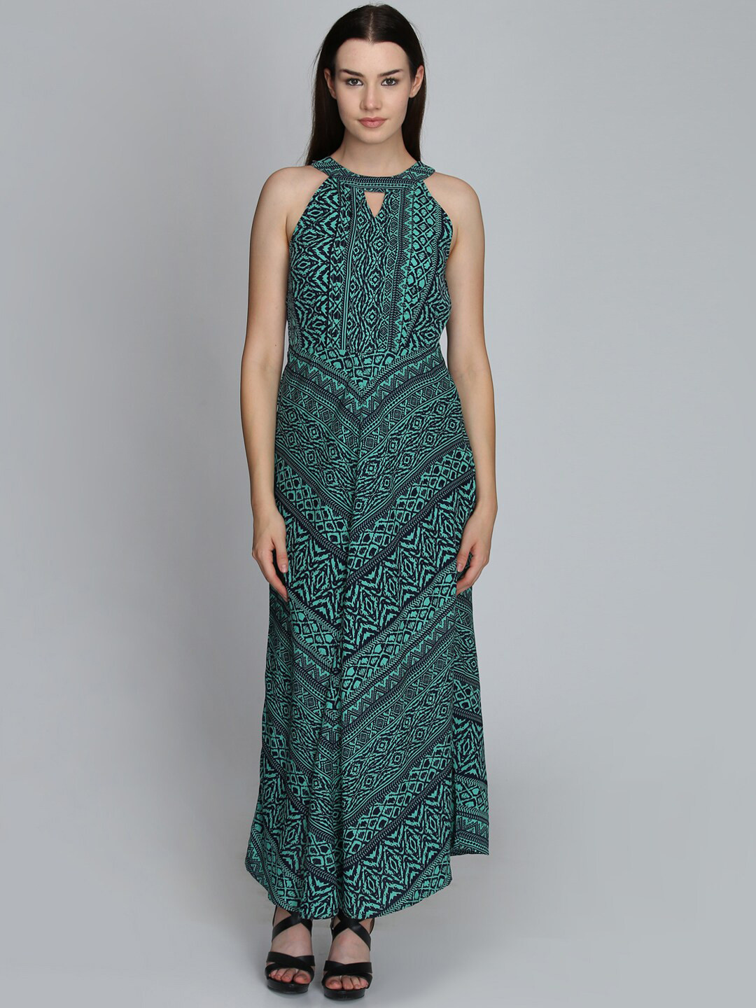 DODO & MOA Green & Black Ethnic Motifs Halter Neck Maxi Dress