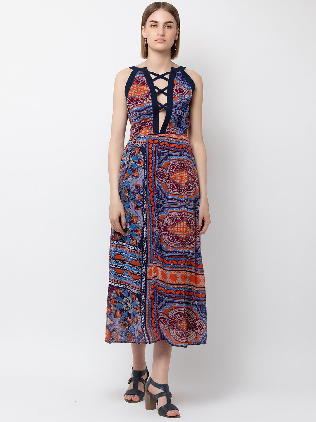 DODO & MOA Navy Blue Ethnic Motifs Tie-Up Neck Midi Dress