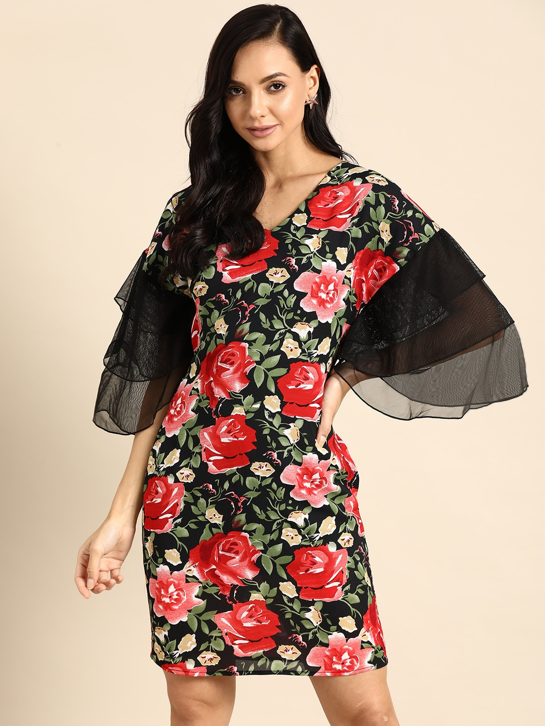 DODO & MOA Black Floral Printed Crepe Sheath Dress