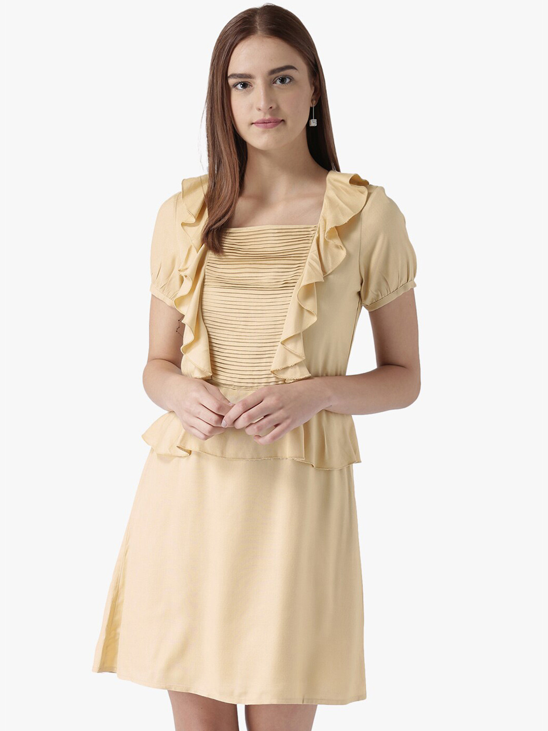 DODO & MOA Beige Tie-Up Neck A-Line Dress
