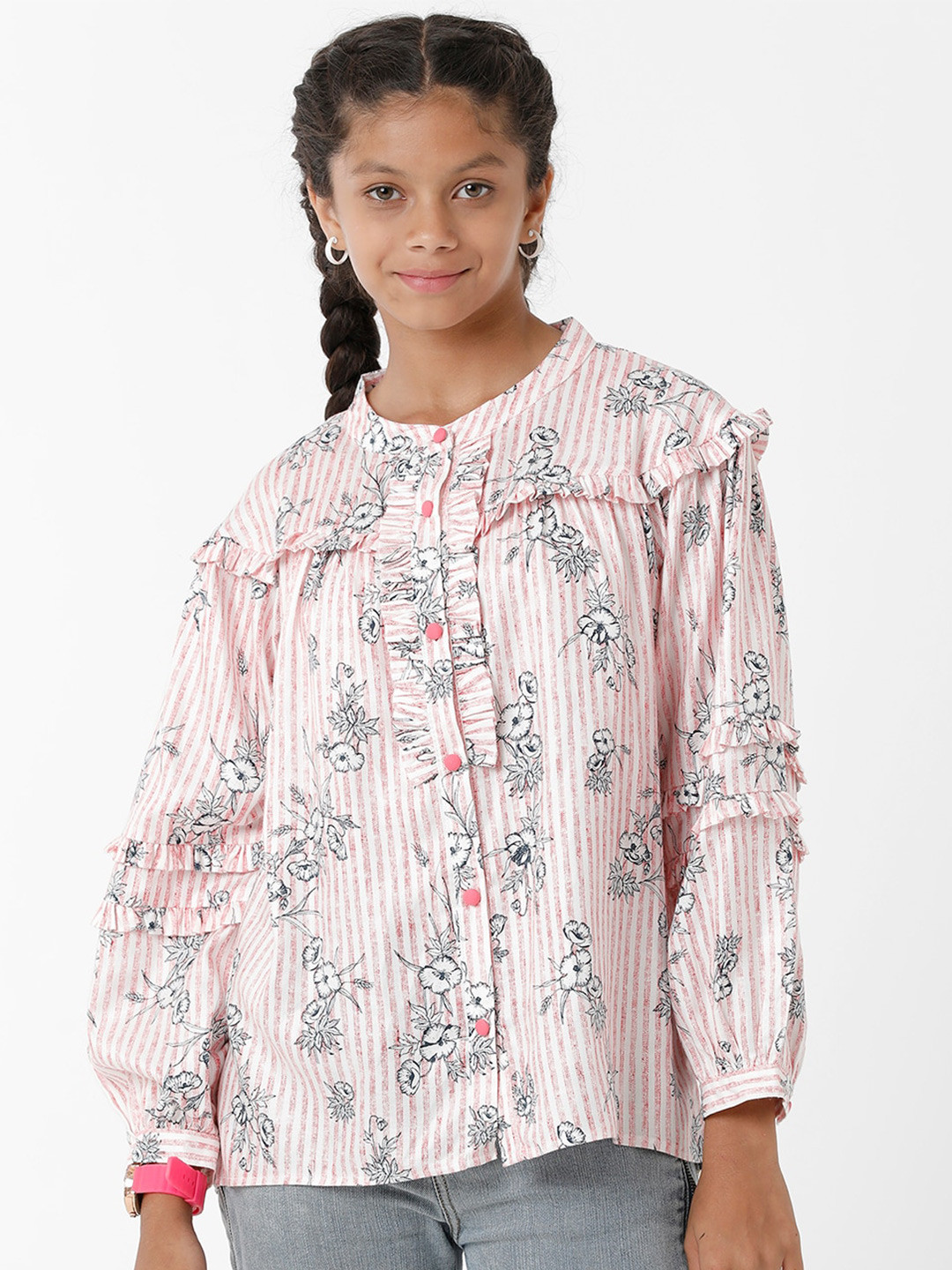 KATE & OSCAR White & Pink Floral Print Mandarin Collar Shirt Style Top