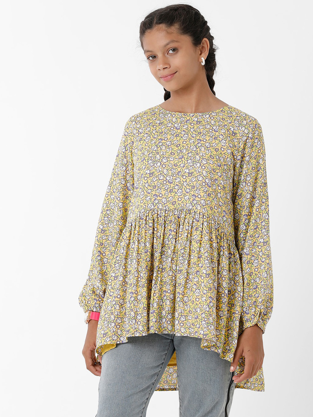 KATE & OSCAR Yellow & White Floral Print High-Low Longline Top