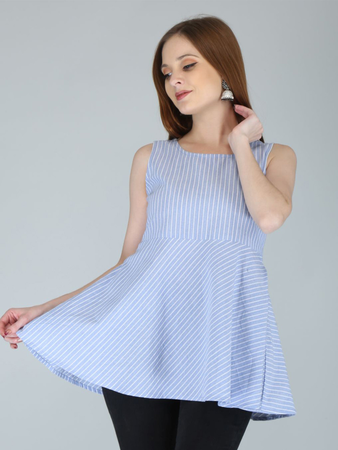 Saart Bunaai Blue Striped Cotton Linen Peplum Top