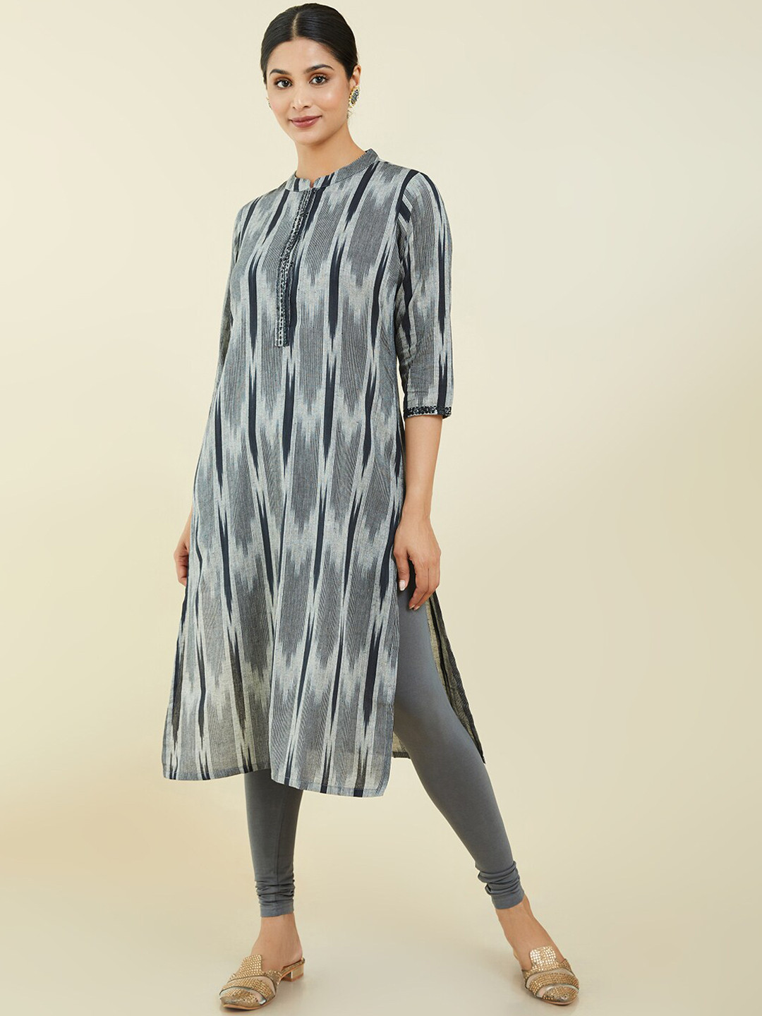 Soch Striped Mandarin Collar Straight Regular Cotton Kurta