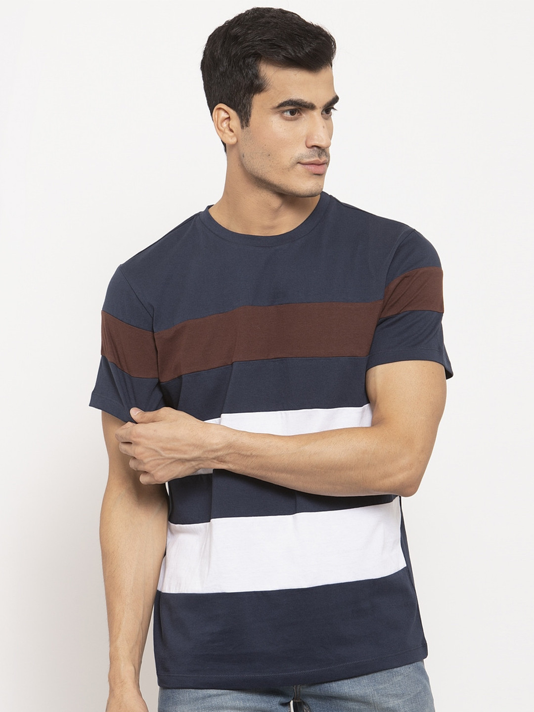 DOOR74 Men Navy Blue & White Striped Cotton T-shirt