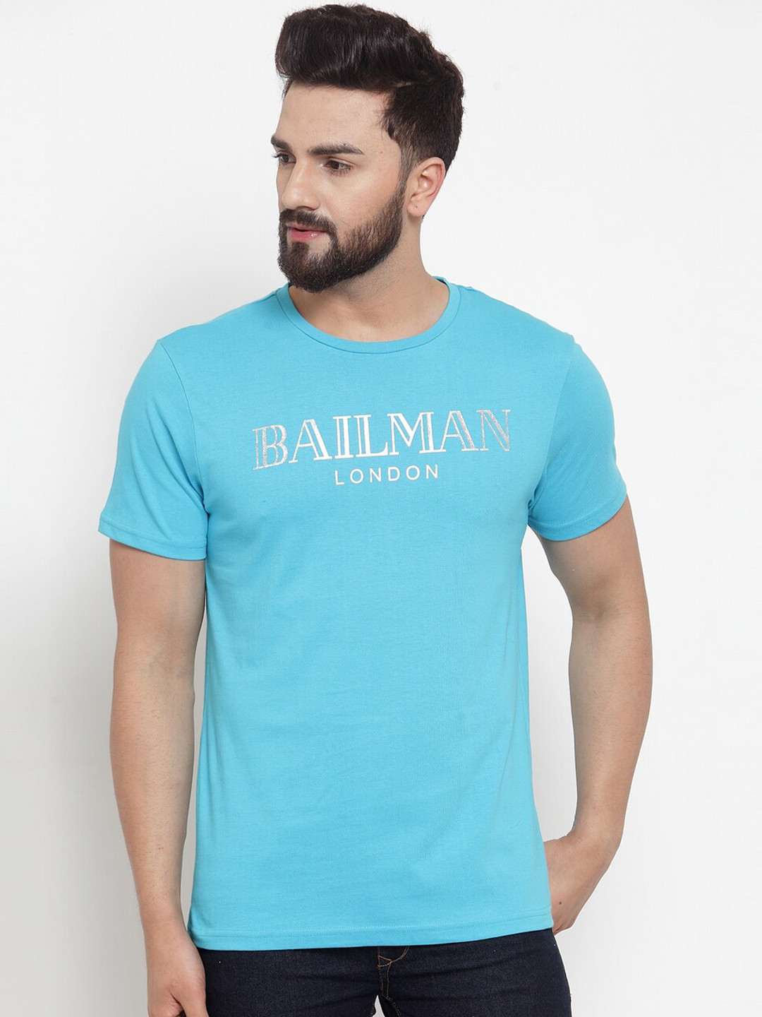 DOOR74 Men Blue & Silver-Toned Typography Printed Cotton T-shirt