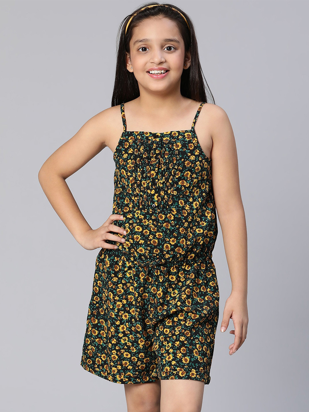 Oxolloxo Girls Green & Yellow Printed Jumpsuit