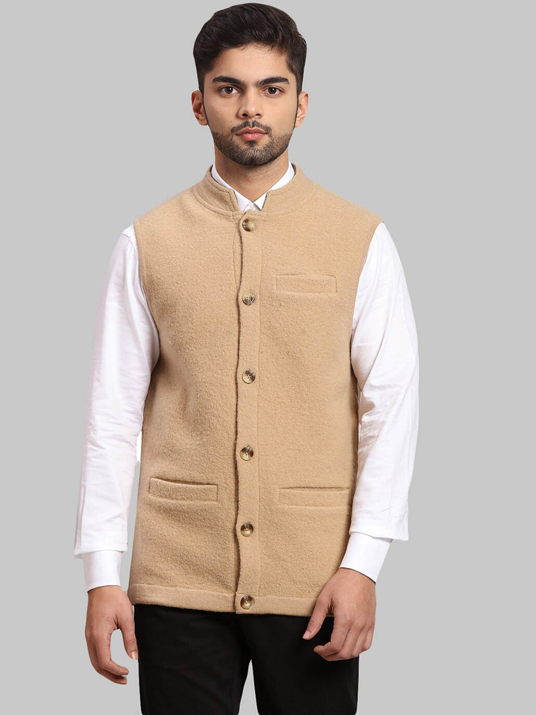 ColorPlus Men Beige Pure Wool Nehru Jacket