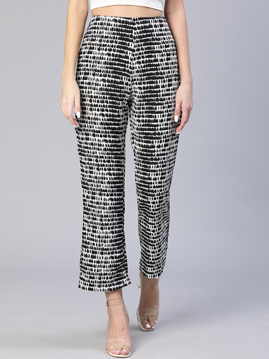Oxolloxo Women Black Printed Easy Wash Trousers