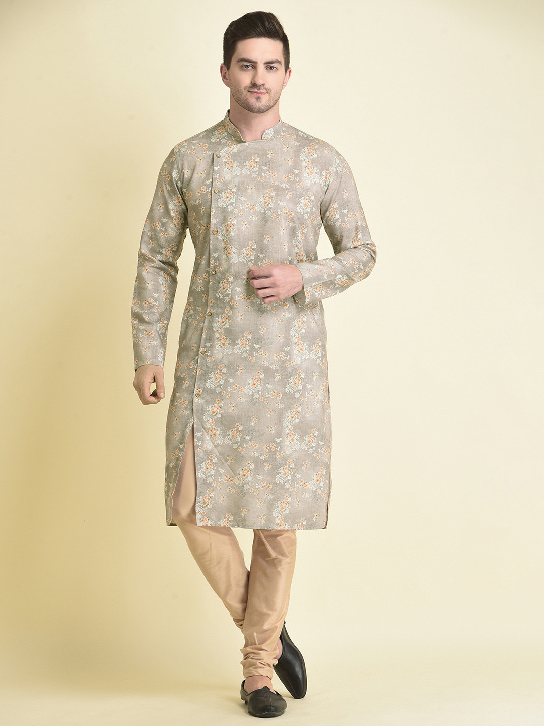 TABARD Men Mauve & Grey Floral Printed Cotton Angrakha Kurta
