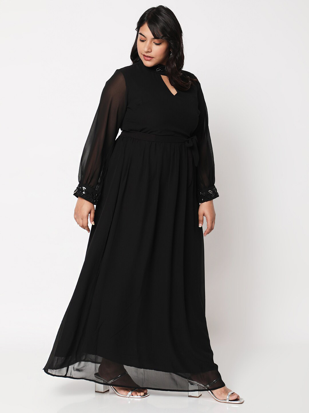 Curves by MISH Plus Size Black Embellished Keyhole Neck Maxi Dress