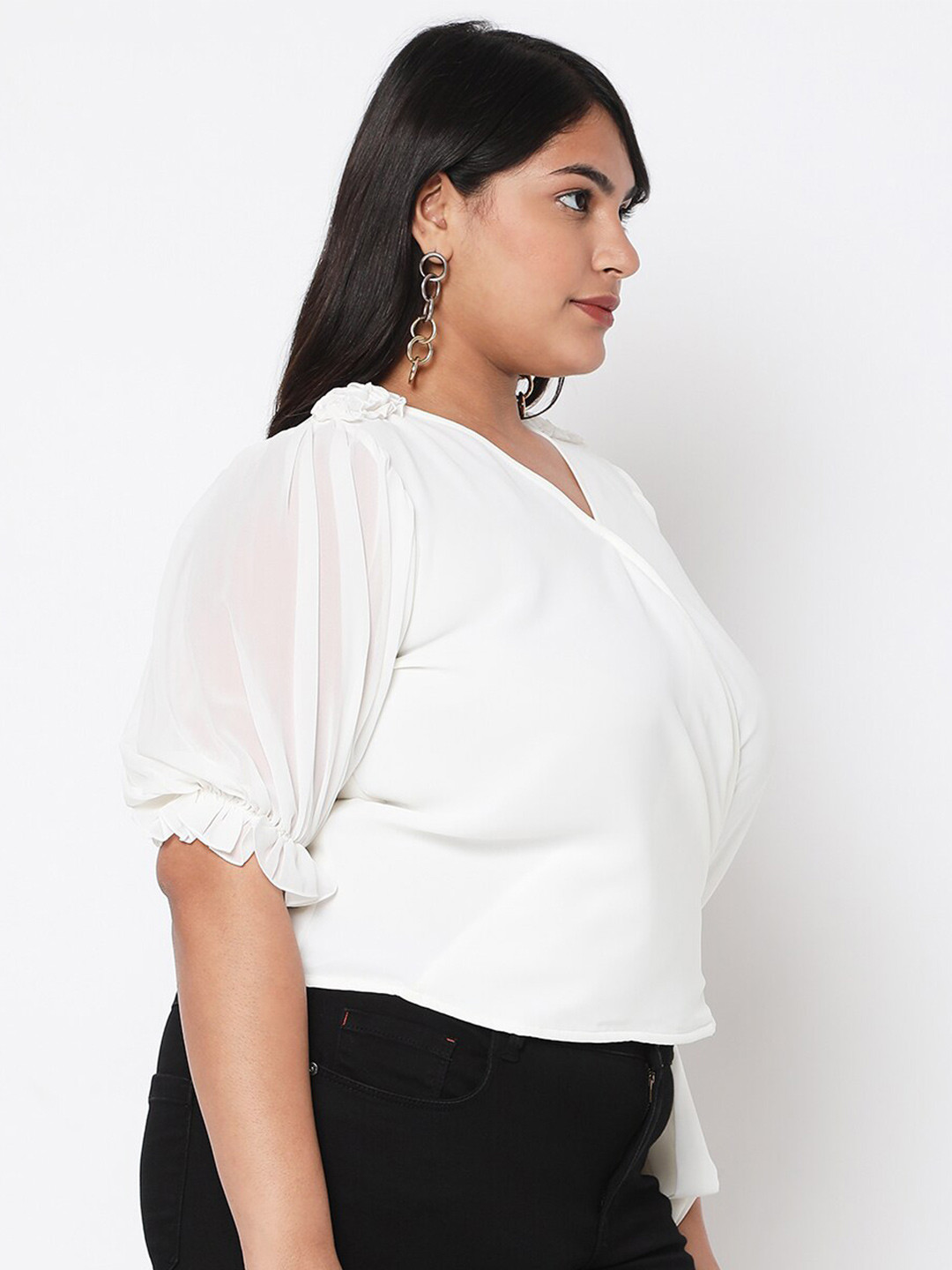 Curves by MISH White Georgette Wrap Top