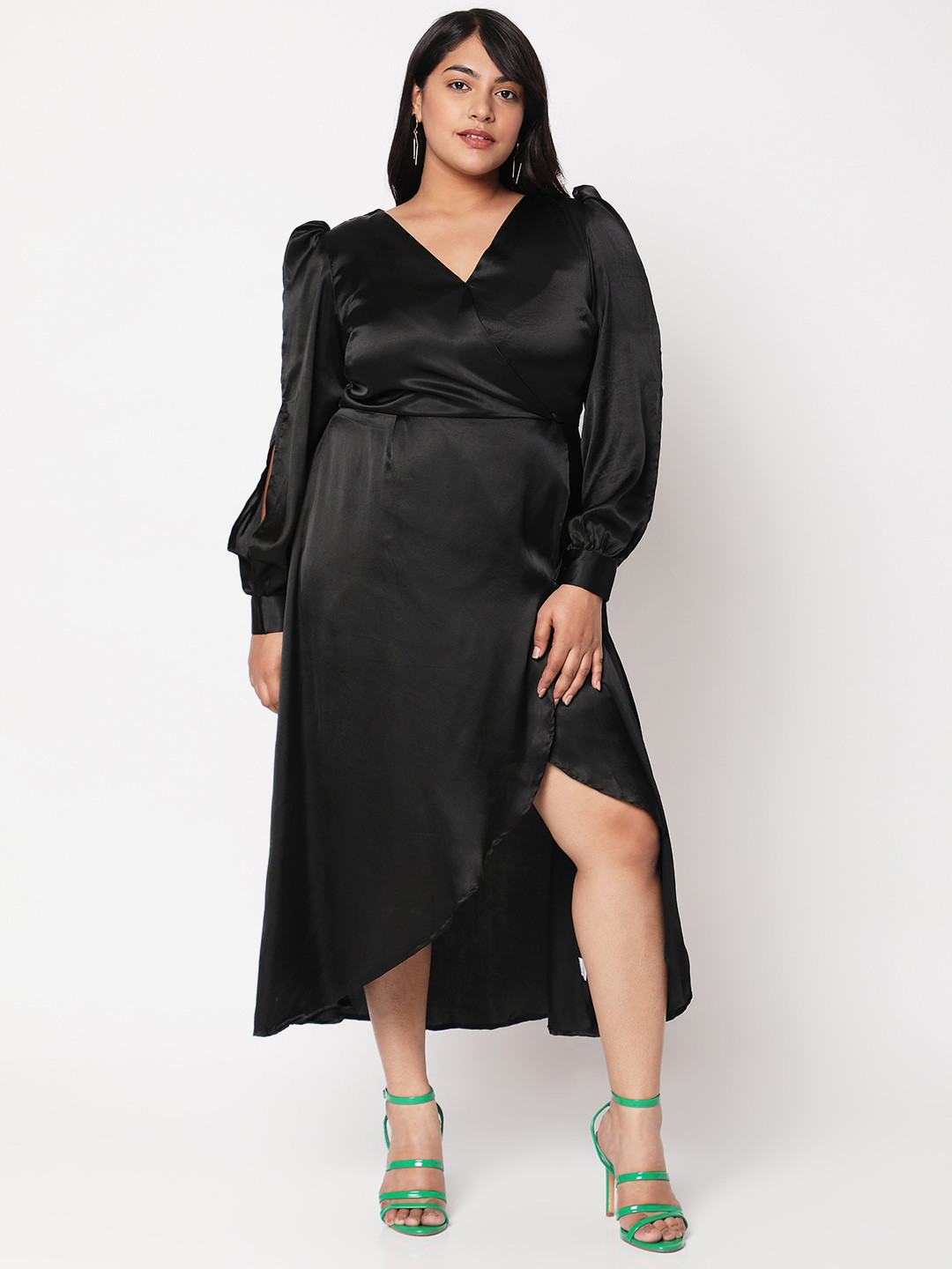 Curves by MISH Plus Size Black Satin Midi Dress