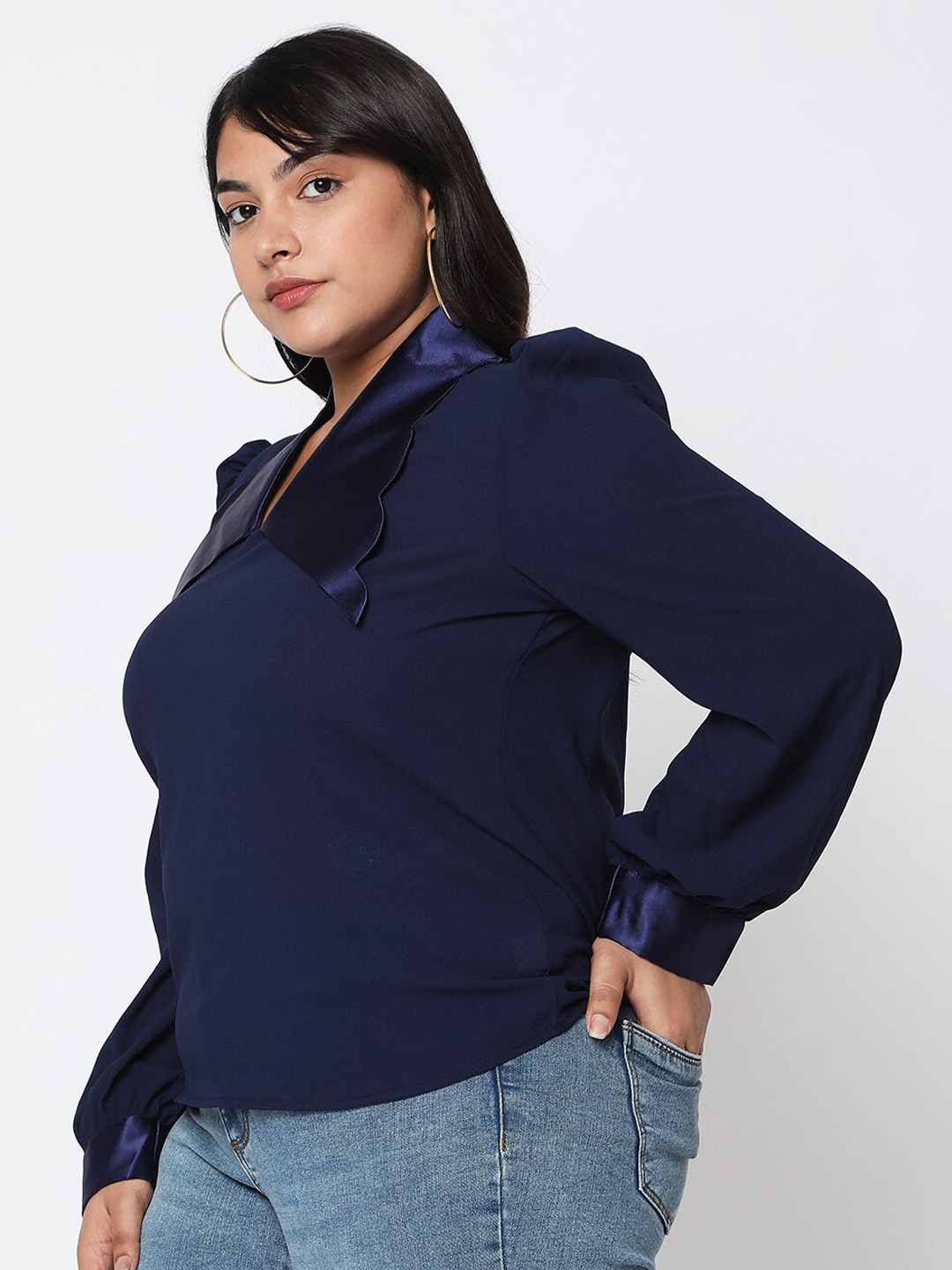 Curves by MISH Plus Size Navy Blue Sheen Georgette Top