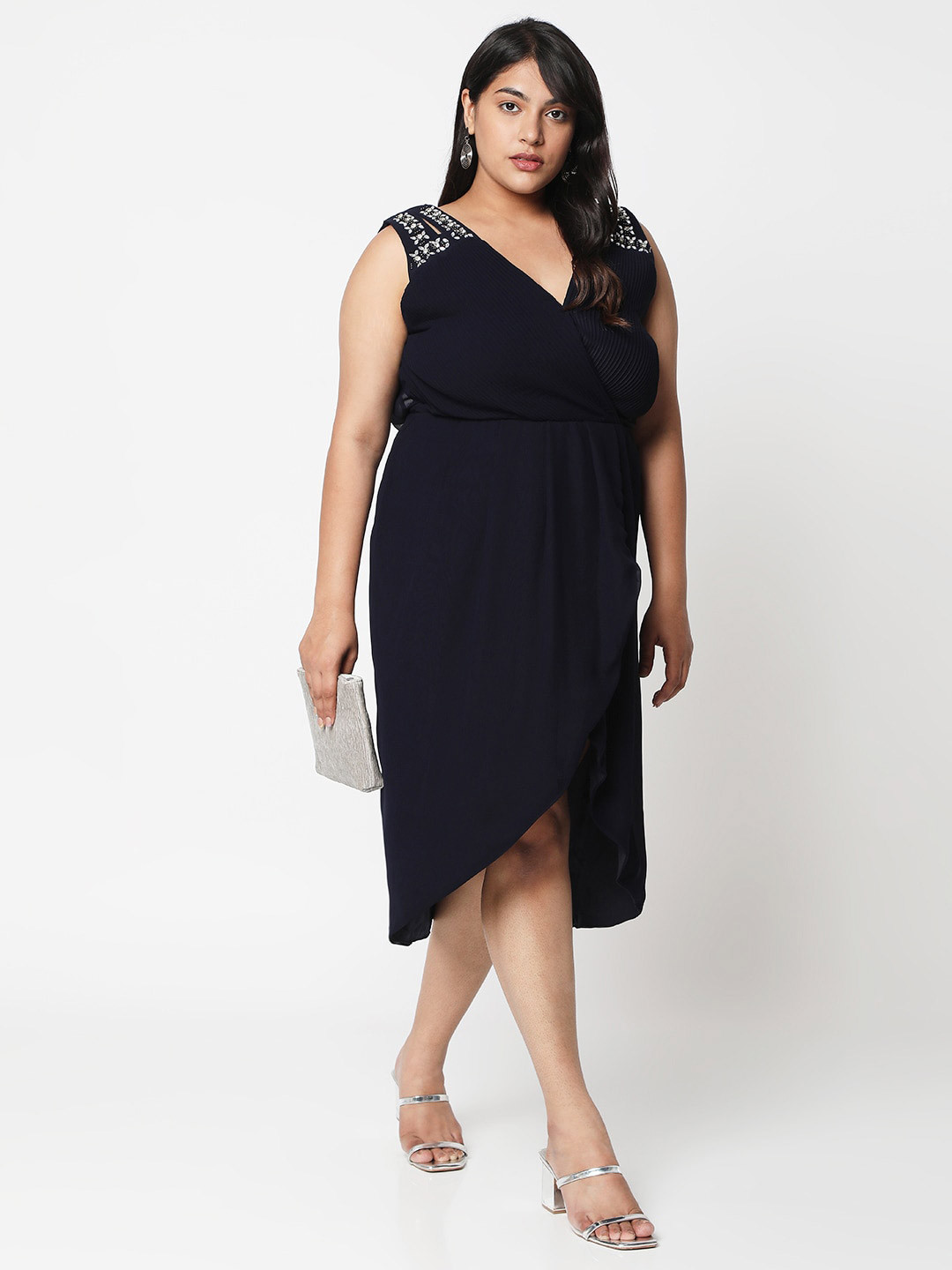 Curves by MISH Plus Size Navy Blue Embellished Accordian pleats Dress
