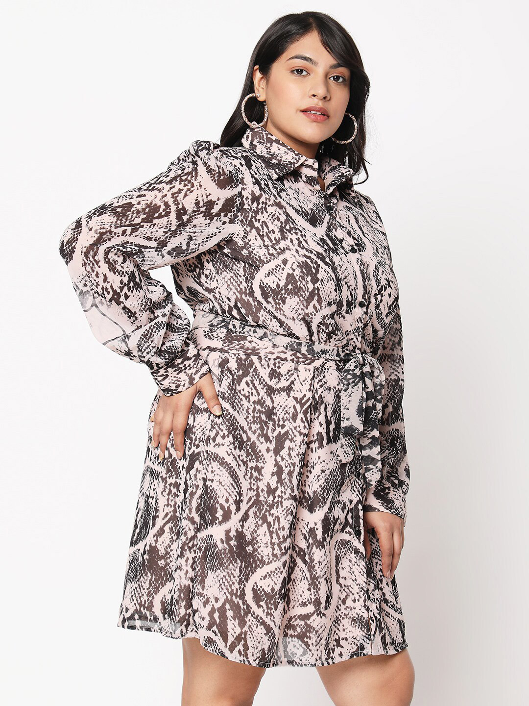 Curves by MISH Beige Plus Size Animal Printed Shirt Dress